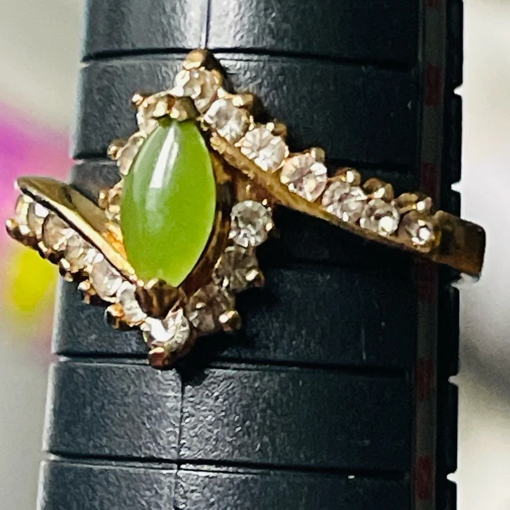 VTG 18k Gold Filled & CZ Stones Jade Cocktail Ring Sz 8.75 Yellow Gold